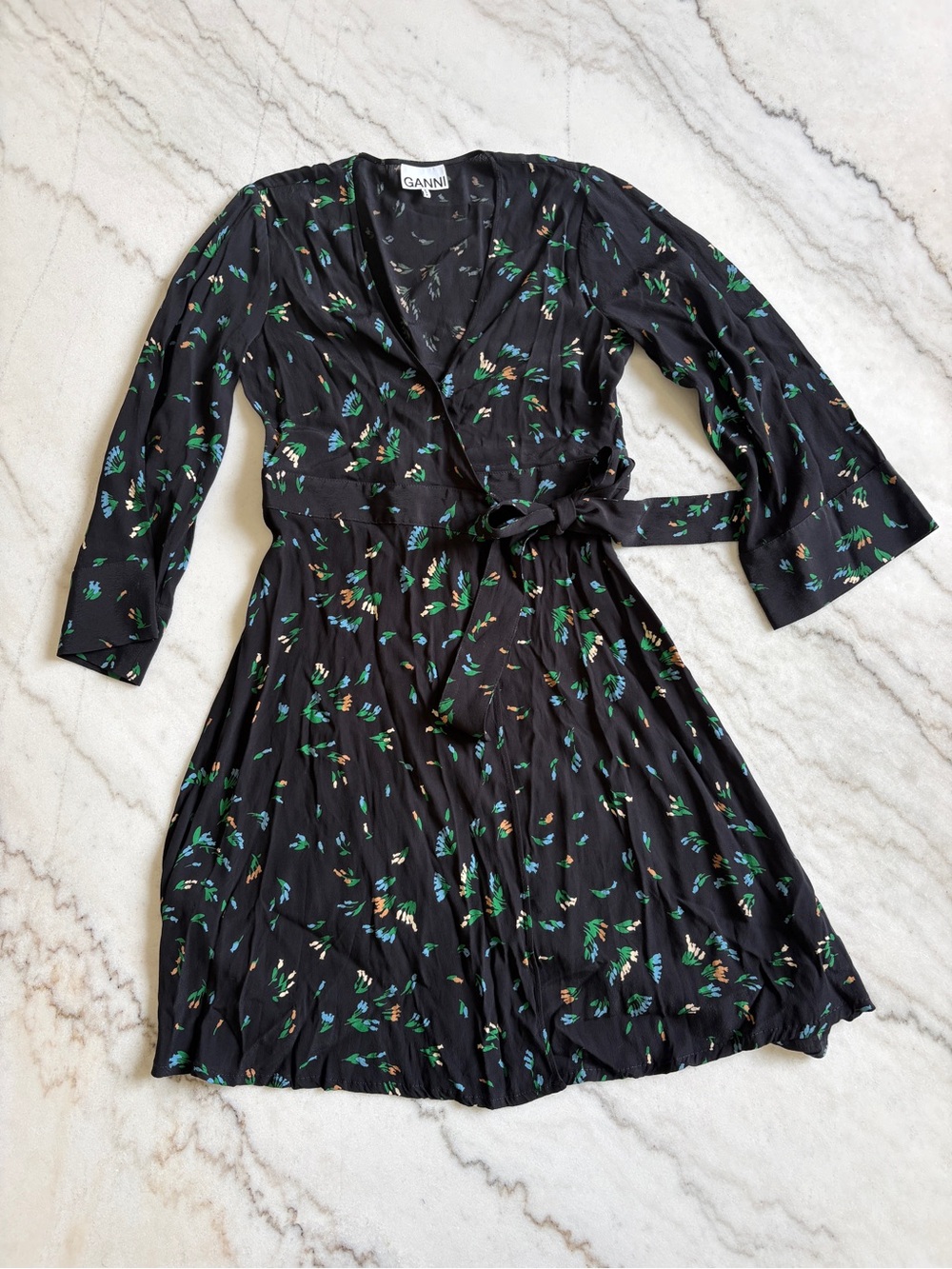 Ganni Black Floral Wrap Dress with Green & Blue Accents